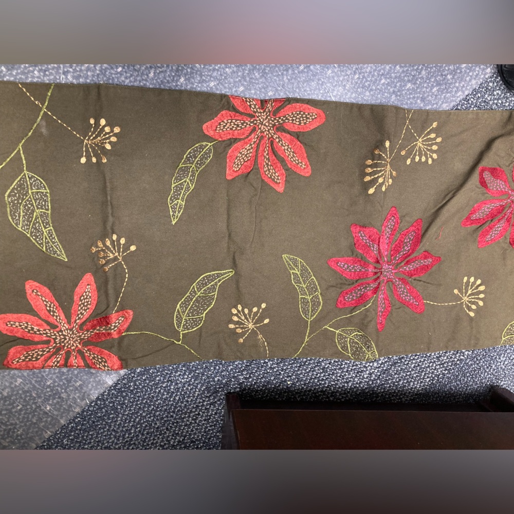 Crate & Barrel Kayla embroidered table runner gold green orange red flower 14x60